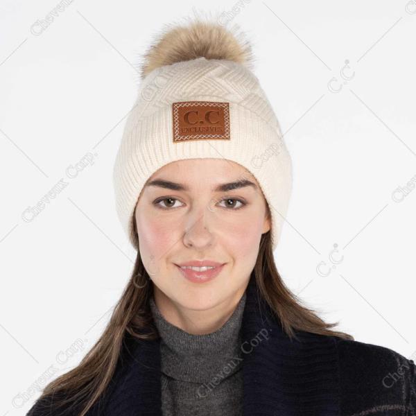 CC GEOMETRIC CABLE BEANIE HAT WITH POM