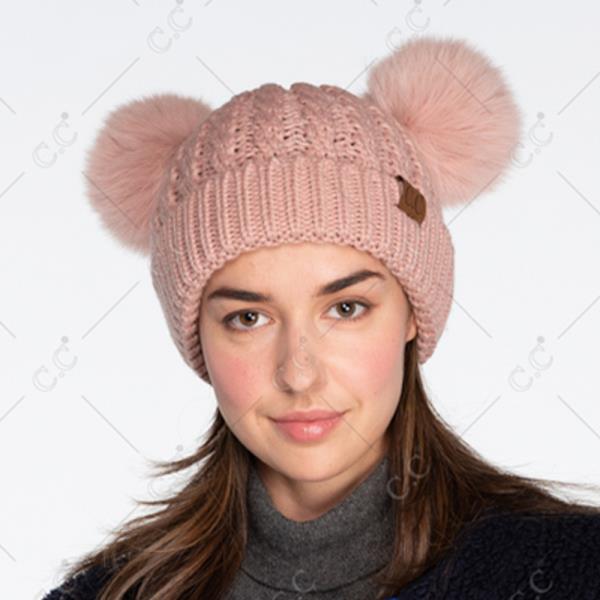 CC DOUBLE POM POM CABLE PATTERN BEANIE HAT