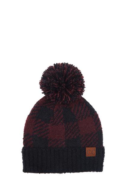 CC Buffalo Check Jacquard Knit Hat With Pompom