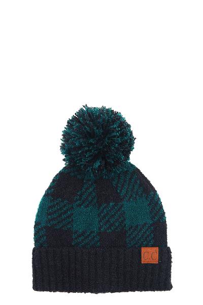 CC BUFFALO CHECK JACQUARD KNIT HAT WITH KNIT POMPOM