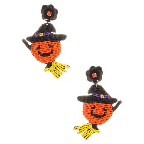 SEED BEAD HALLOWEEN PUMPKIN WITCH EARRING