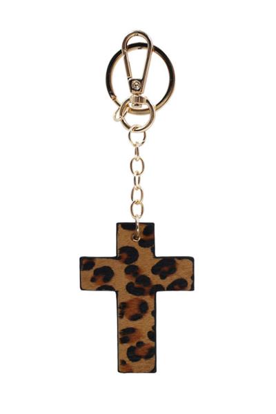 LEOPARD PRINT CROSS LEATHER KEY CHAIN