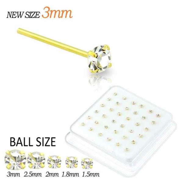 1.5 MM CZ STONE STERLING SILVER GOLD PLATED NOSE STUD WITH BALL TIP (36 PC)