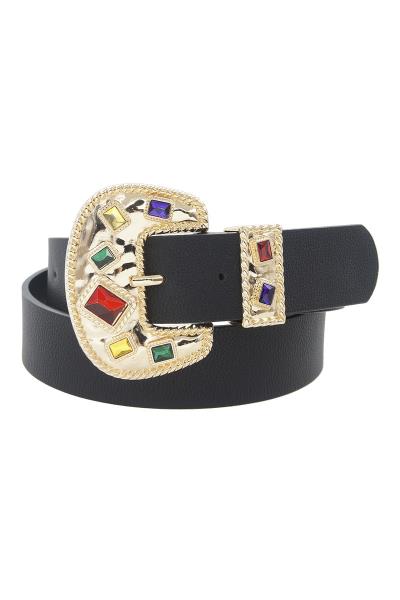 JEWEL EMBELLISHED LARGE BUCKLE BELT WITH METAL BELT LOOP