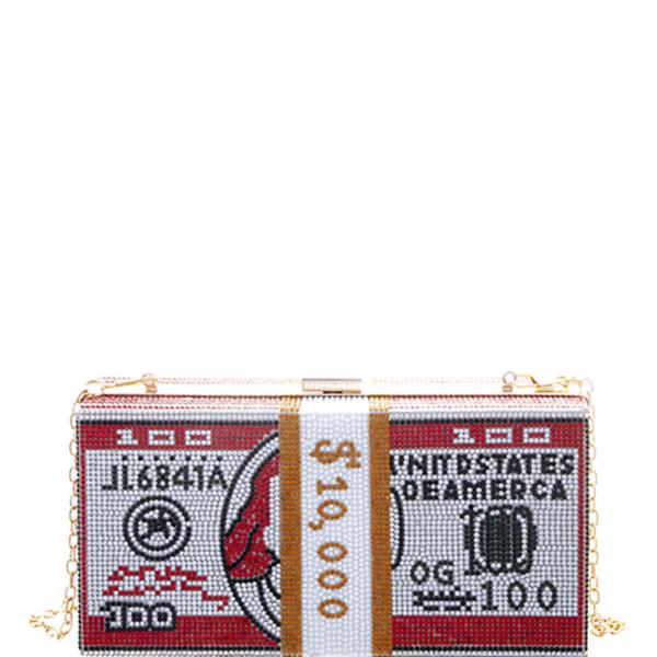 Rhinestone Cash 10K Money Print Design Clutch