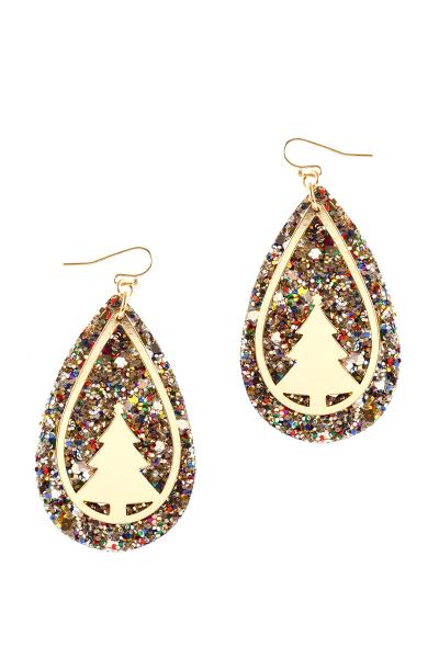 CHRISTMAS TREE GLITTER TEARDROP HOOK EARRING