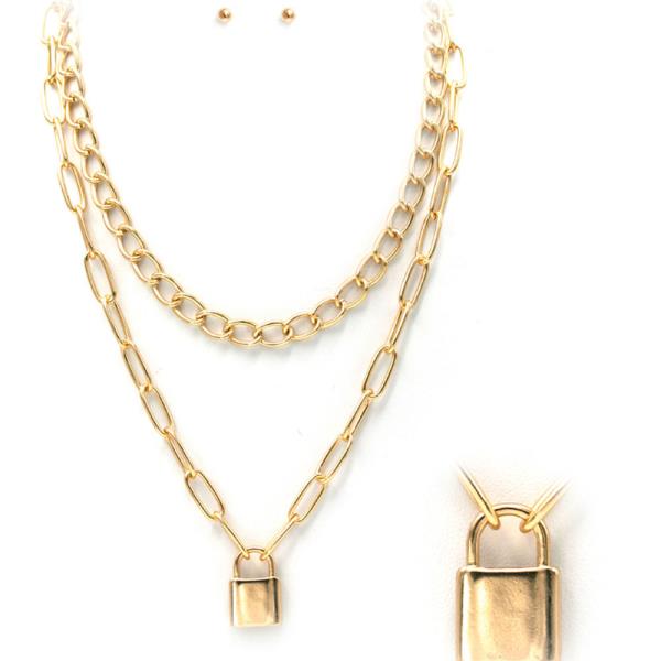 2 Layered Lock Pendant Metal Necklace Earring Set