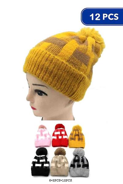 SOFT WARM FURRY PLAID DESIGN MIX COLOR BEANIE SET 12 PCS