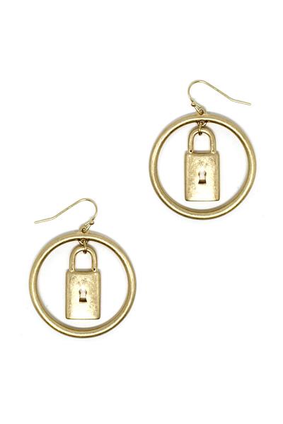 Metal Lock Dangle Round Hook Earring