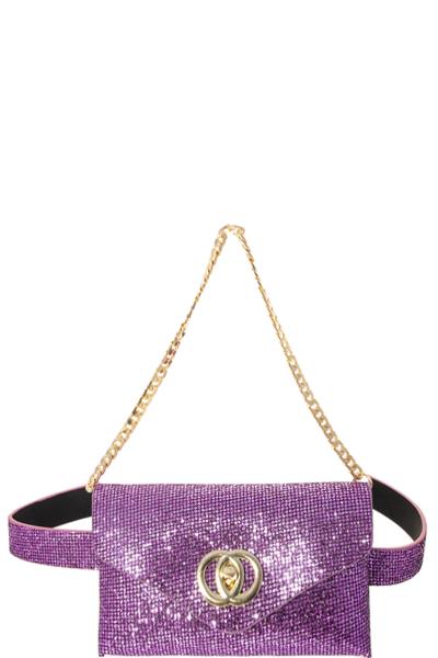 STYLISH SPARKLING RHINESTONE COVERED DOUBLE JOINED RING WAIST CLUTCH BELT