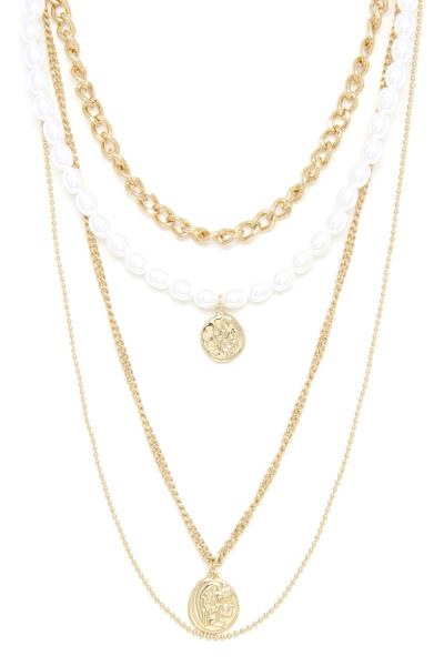 HAMMERED COIN PENDANT PEARL BEAD LAYERED NECKLACE