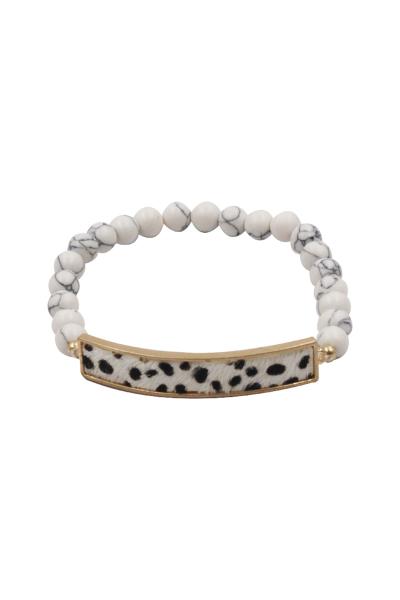 Marbling Stone Bead Leopard Bar Stretch Bracelet