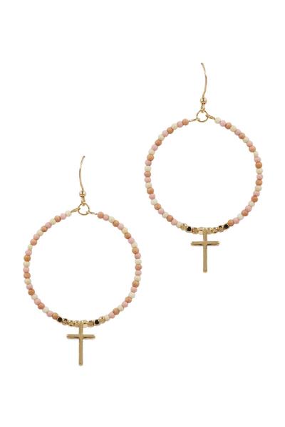 Color Bead Round Cross Dangle Earring