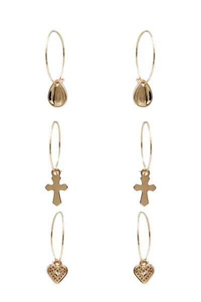 Tear Cross Heart Dangle Round Earring 3 Pc Set