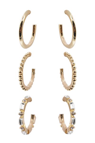 Metal Crystal Design Open Round Earring 3 Pc Set
