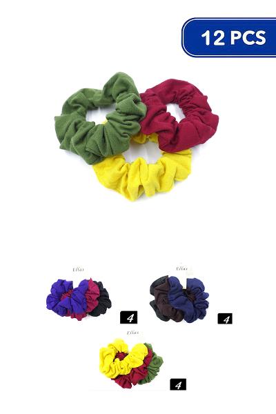 3 PC Multi Plain Color Hair Scrunchies 12 Pcs