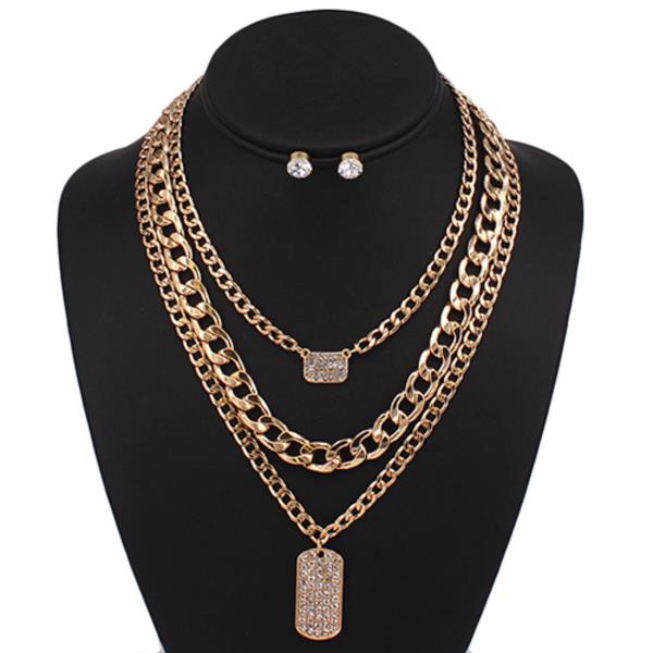 3 Layered Metal Chain Pendant Necklace Earring Set