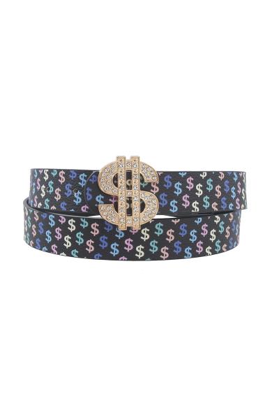 DOLLAR SIGN PRINT BELT WITH DOLLAR SIGN RHINESTONE BELT