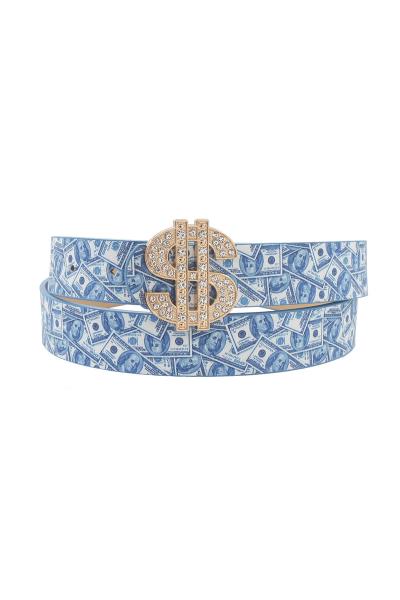 100 DOLLAR BILL PRINT WITH DOLLAR SIGN RHINESTONE BUCKLE BELT