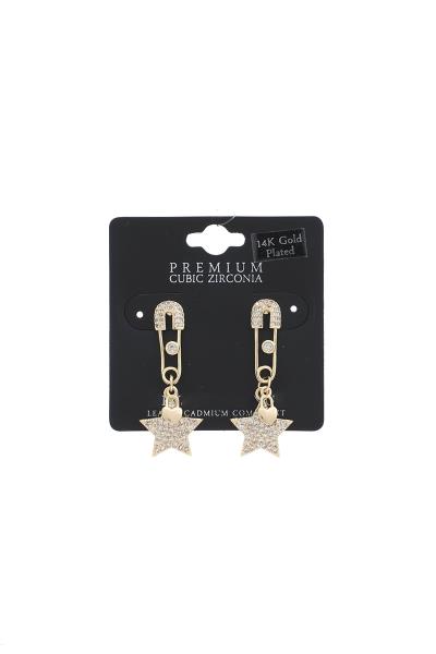 Star Charm Safety Pin Shape 14K Gold Plated Earring