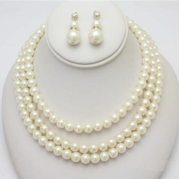 3 Layered Pearl Necklace Earring Set