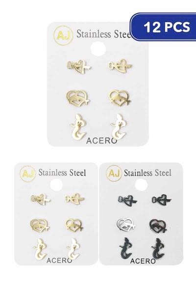 FASHION HEART MERMAID STUD EARRING 3 PAIR SET (12 UNITS)