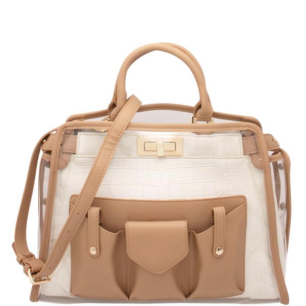 Stylish Croc Clear Handle Button Satchel Bag
