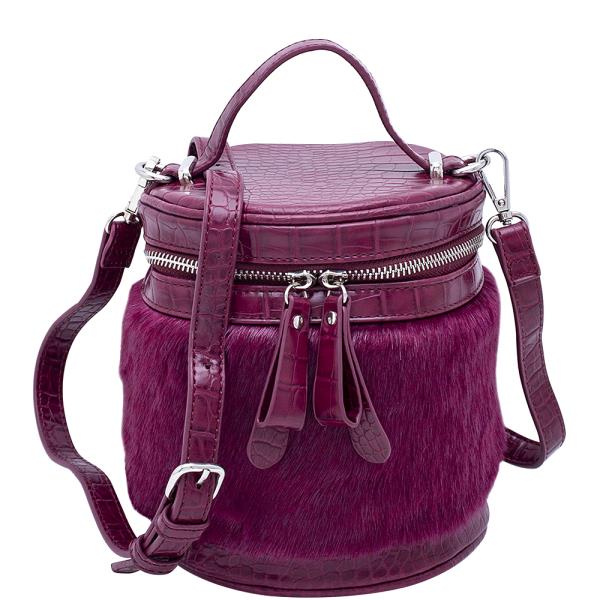 Croc Textured Partial Fur Satchel Bag