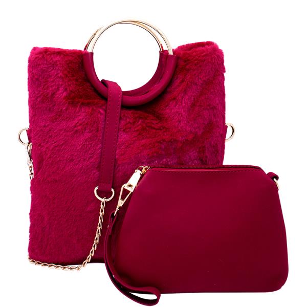 2IN1 Soft Fur Tote Bag W Pouch Set