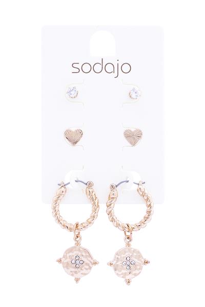 METAL STUD HOOP EARRING 3 PAIR SET