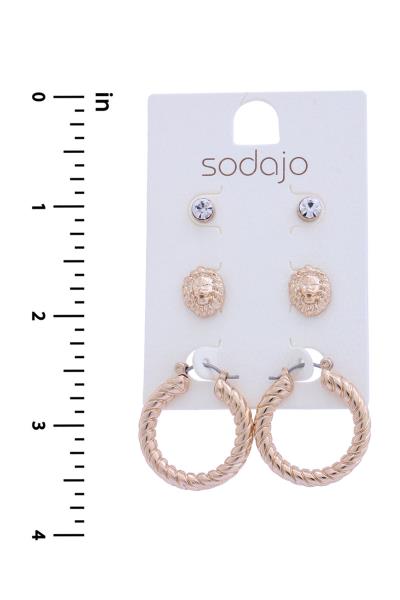SODAJO METAL STONE STUD HOOP EARRING 3 PAIR SET