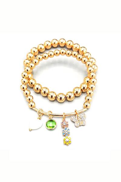 METAL BALL MULTI BUTTERFLY CHARM STRETCH BRACELET