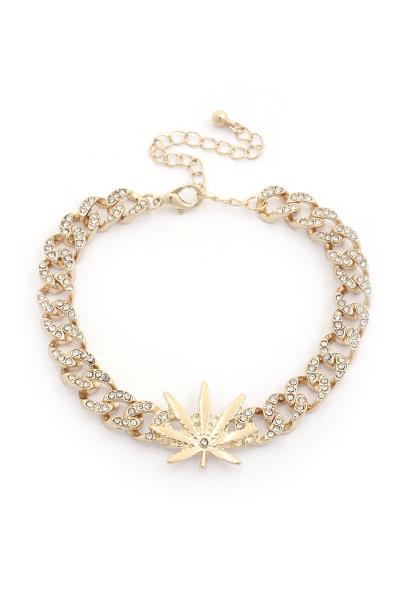 Cannabis Charm Rhinestone Cuban Link Bracelet