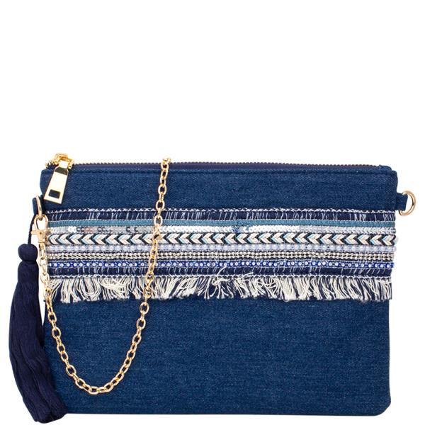 Fringe Pattern Denim Zipper Crossbody Bag