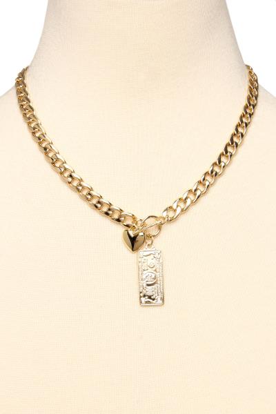 METAL CHAIN HEART RECTANGLE PENDANT NECKLACE