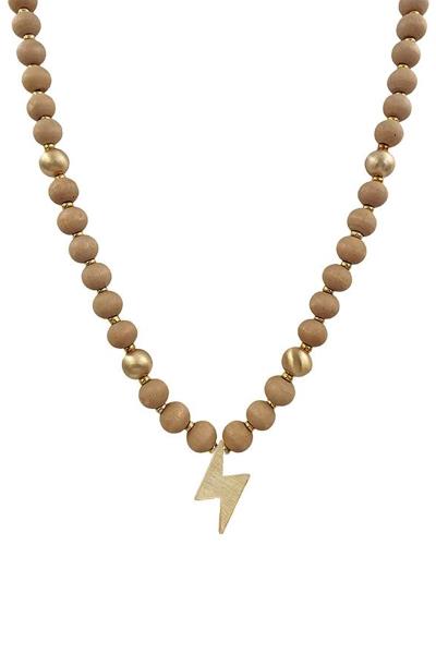 WOOD BEAD LIGHTNING PENDANT NECKLACE