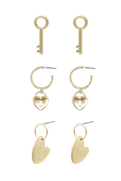 METAL HEART LOCK KEY EARRING 3 PAIR SET