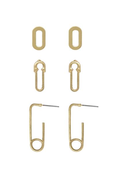 Metal Oval Clothing Pin Earring (3 Pairs)