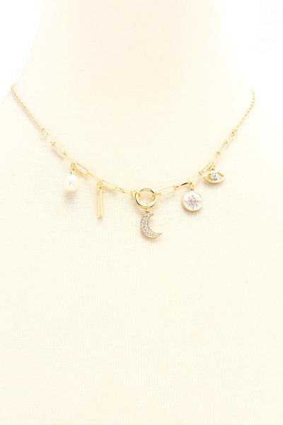 FASHION METAL MULTI STAR & MOON DANGLE NECKLACE