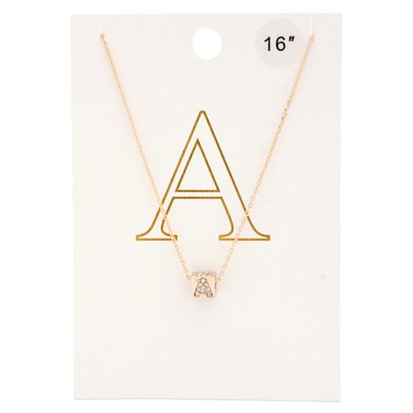 INITIAL RHINESTONE CUBE CHARM NECKLACE