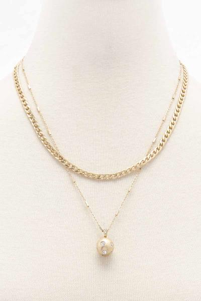 2 LAYERED METAL CHAIN BALL PENDANT NECKLACE