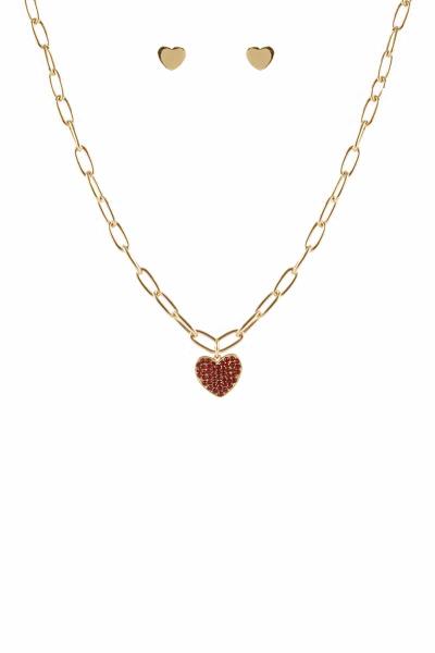 METAL CHAIN RHINESTONE HEART PENDANT NECKLACE EARRING SET