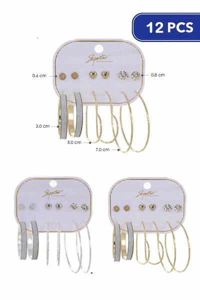 FASHION HOOP STUD EARRING 6 PAIR SET (12 UNITS)