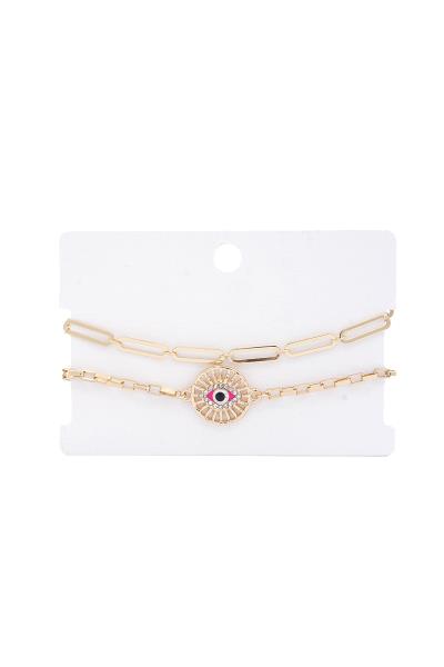 Evil Eye Disc Oval Link Metal Bracelet Set