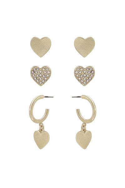 HEART STUD HUGGIE EARRING 3 PAIR SET