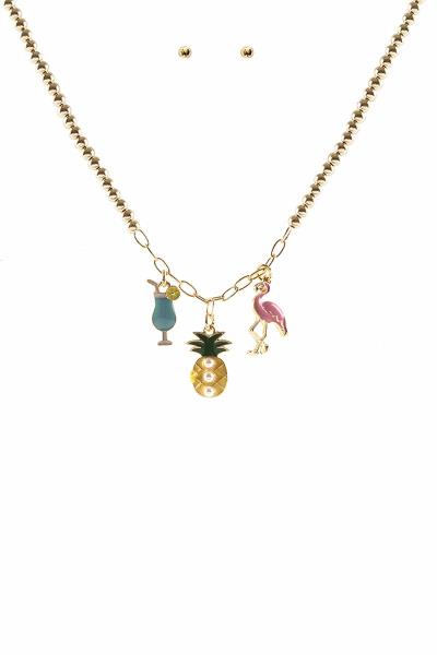 METAL BALL CHAIN MULTI PENDANT NECKLACE EARRING SET
