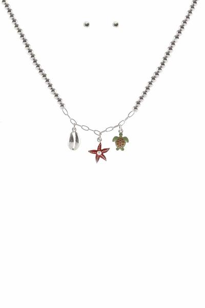 METAL BALL CHAIN SEA LIFE PENDANT NECKLACE EARRING SET