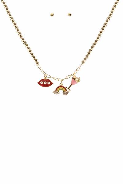 METAL BALL CHAIN LIPS RAINBOW EYE PENDANT NECKLACE EARRING SET
