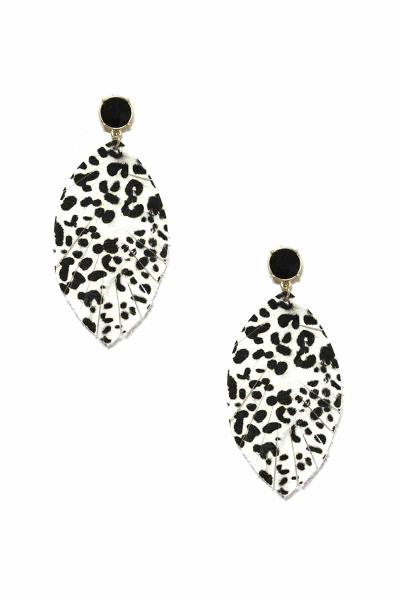 Stone Animal Print Leaf Leather Dangle Earring