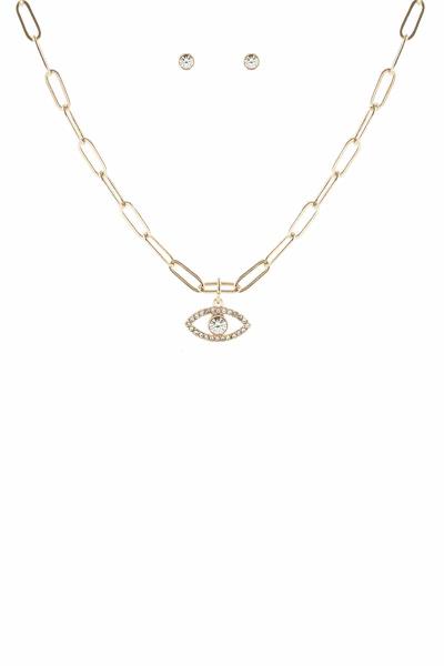 METAL CHAIN EVIL EYE PENDANT NECKLACE EARRING SET
